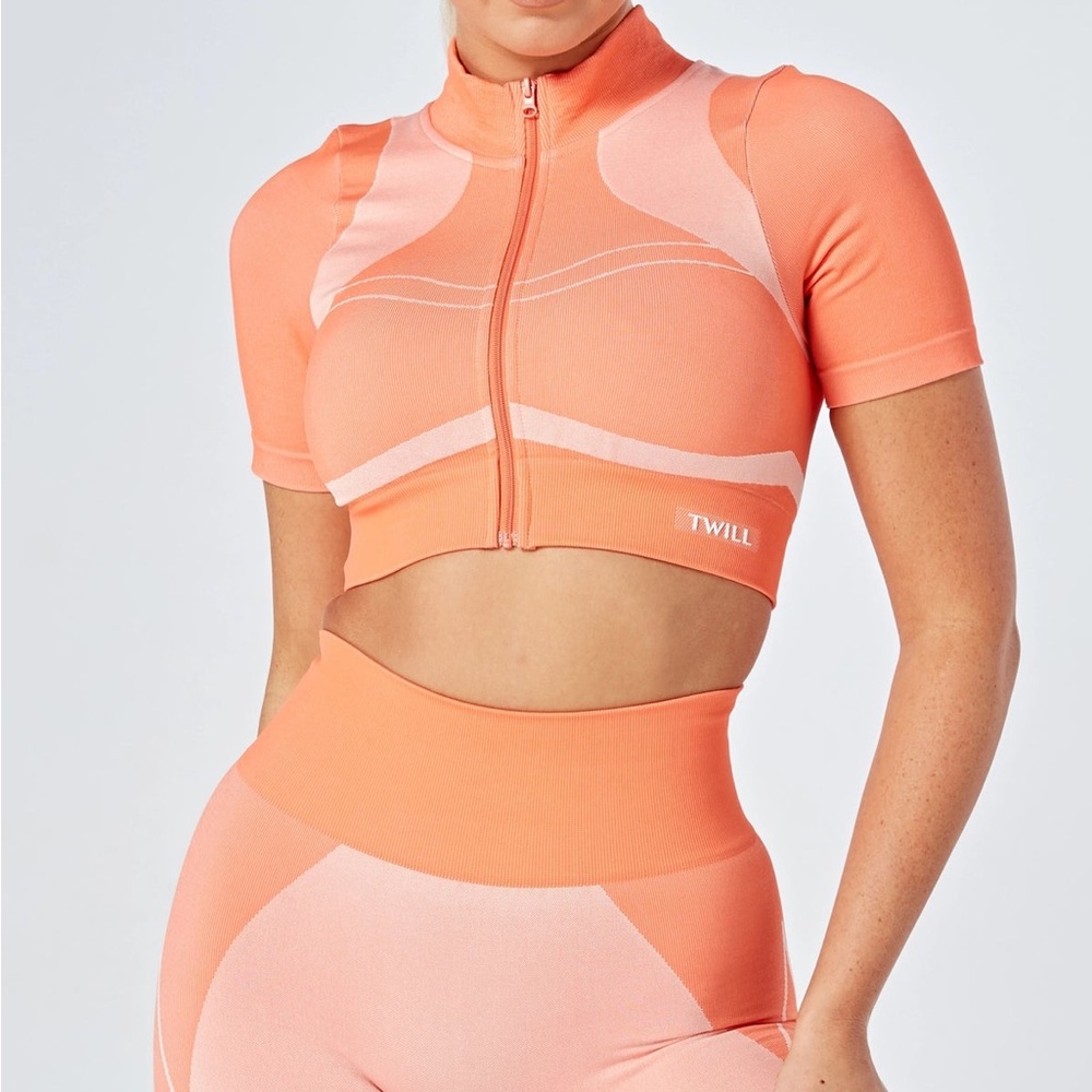 Coral Twill Active Recycled Colorblock Zip-Through Crop Top